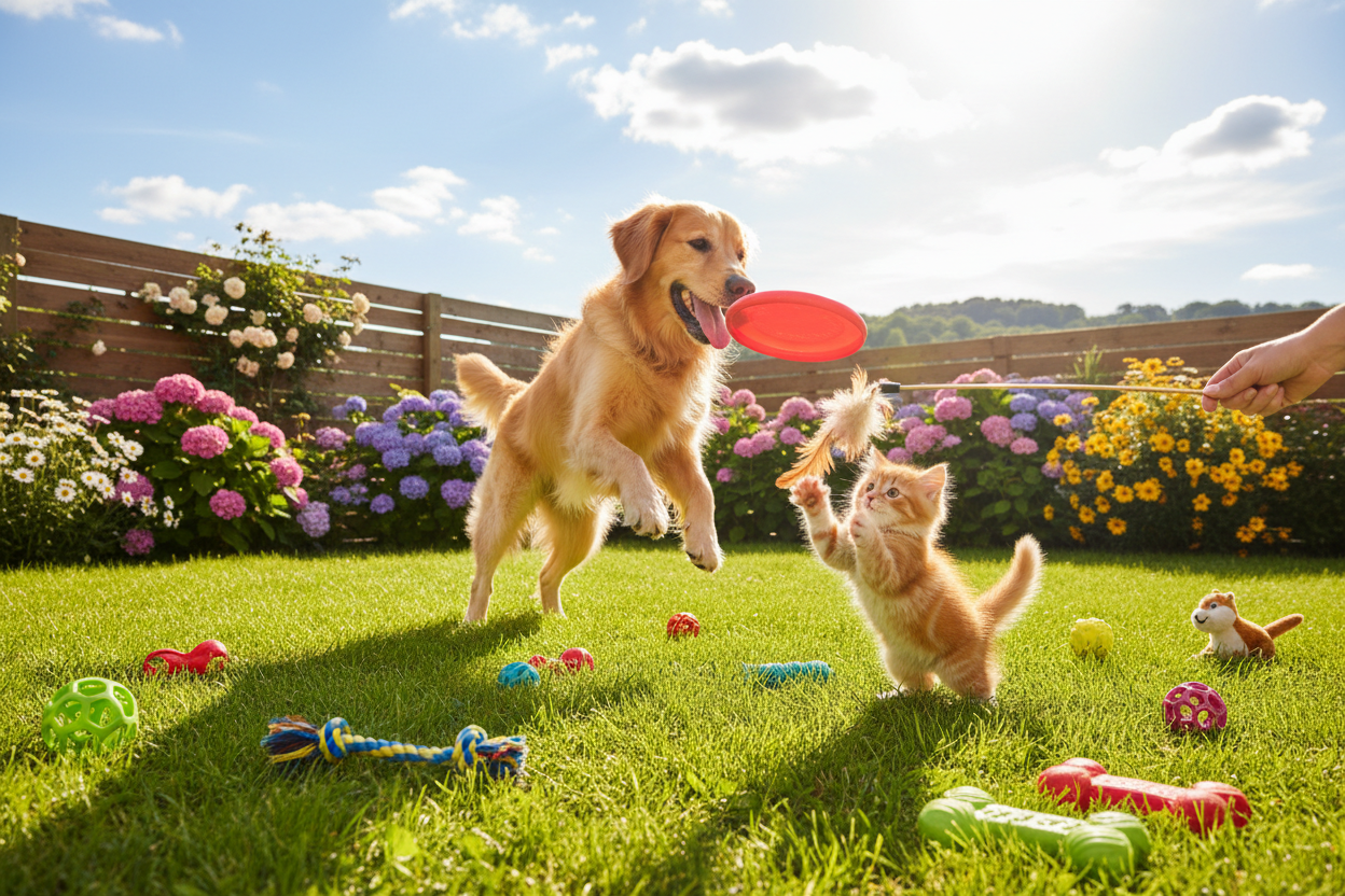 modern pupular pet webside, pet and pet toys, size:3645x2048, outside scence， no letters, no logo